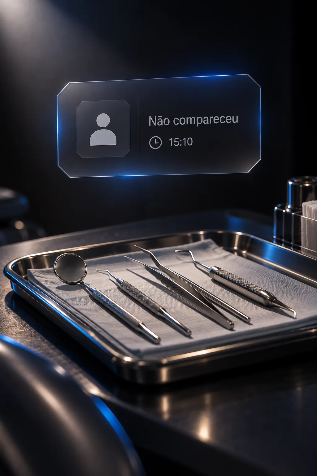 Bandeja de instrumentos odontológicos preparada, com um aviso de “Não compareceu”